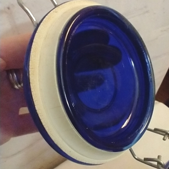 Vintage Cobalt Blue Glass Fruit Embossed Canister with Metal Hinged Lid 7.75" - Picture 10 of 10